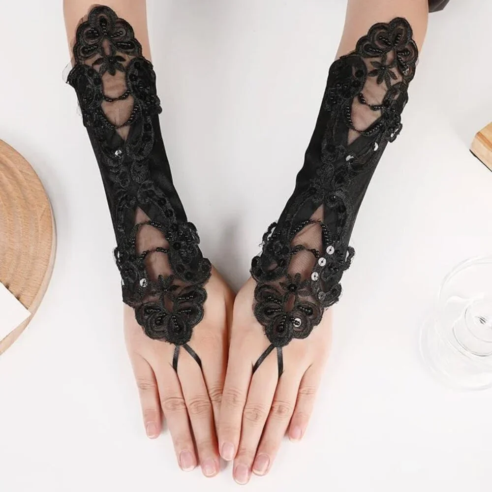 Women's A-Black Sequins Beads Fingerless Satin Gloves Party Prom Accessories